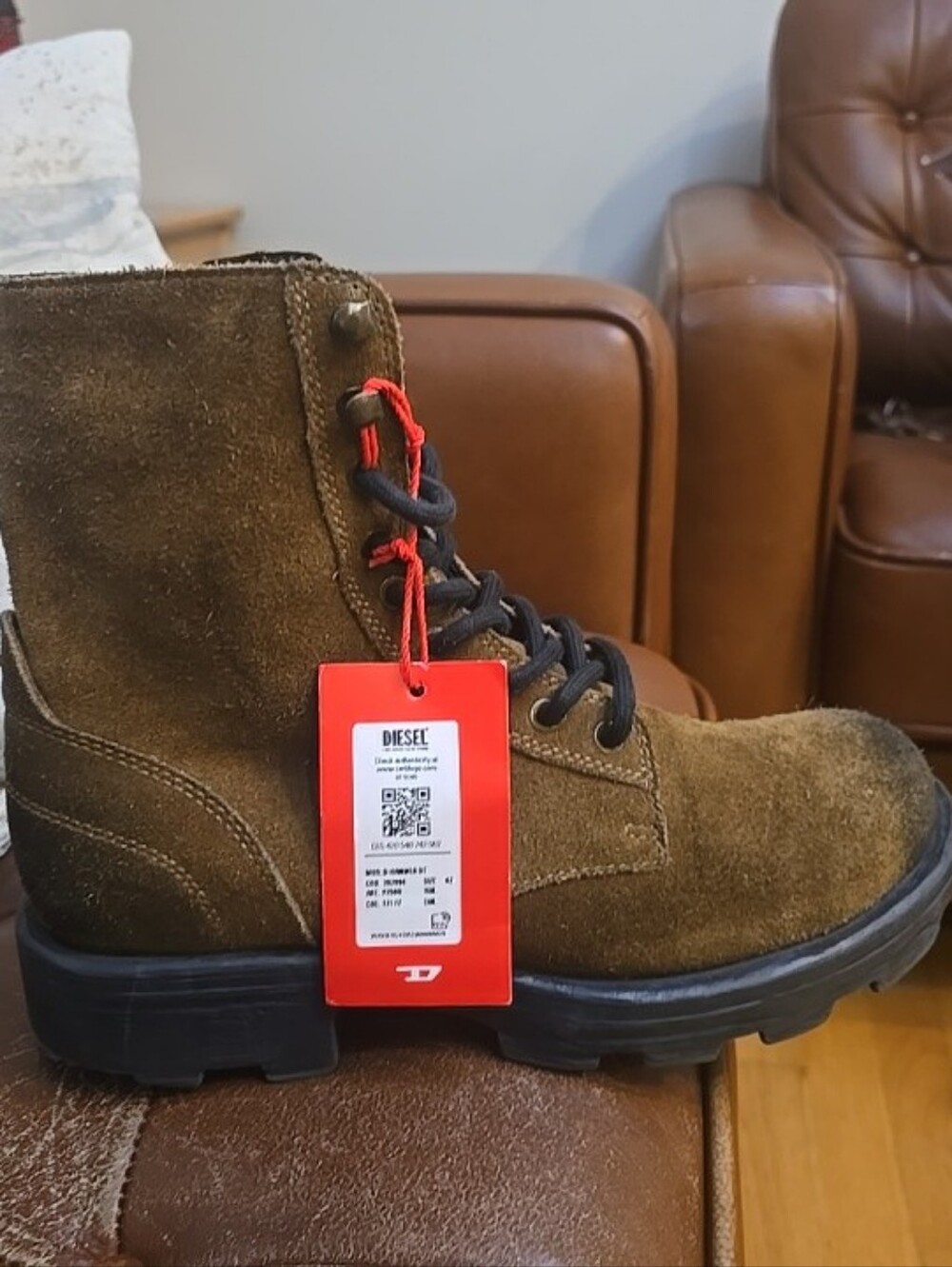 Diesel Olive Suede Lace-Up Combat Boot with Red Tag